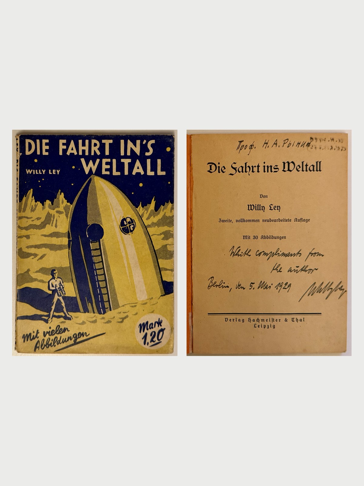 Dust jacket and inscribed title page of Die Fahrt Ins Weltall.