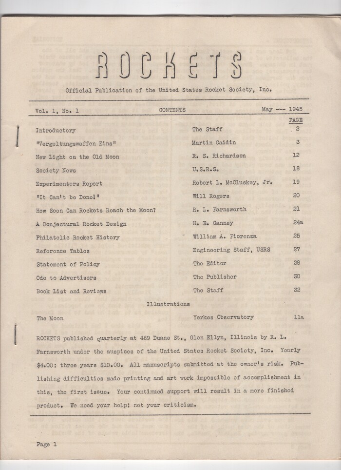 Table of contents page of Rockets, Vol. 1, No. 1, May 1945