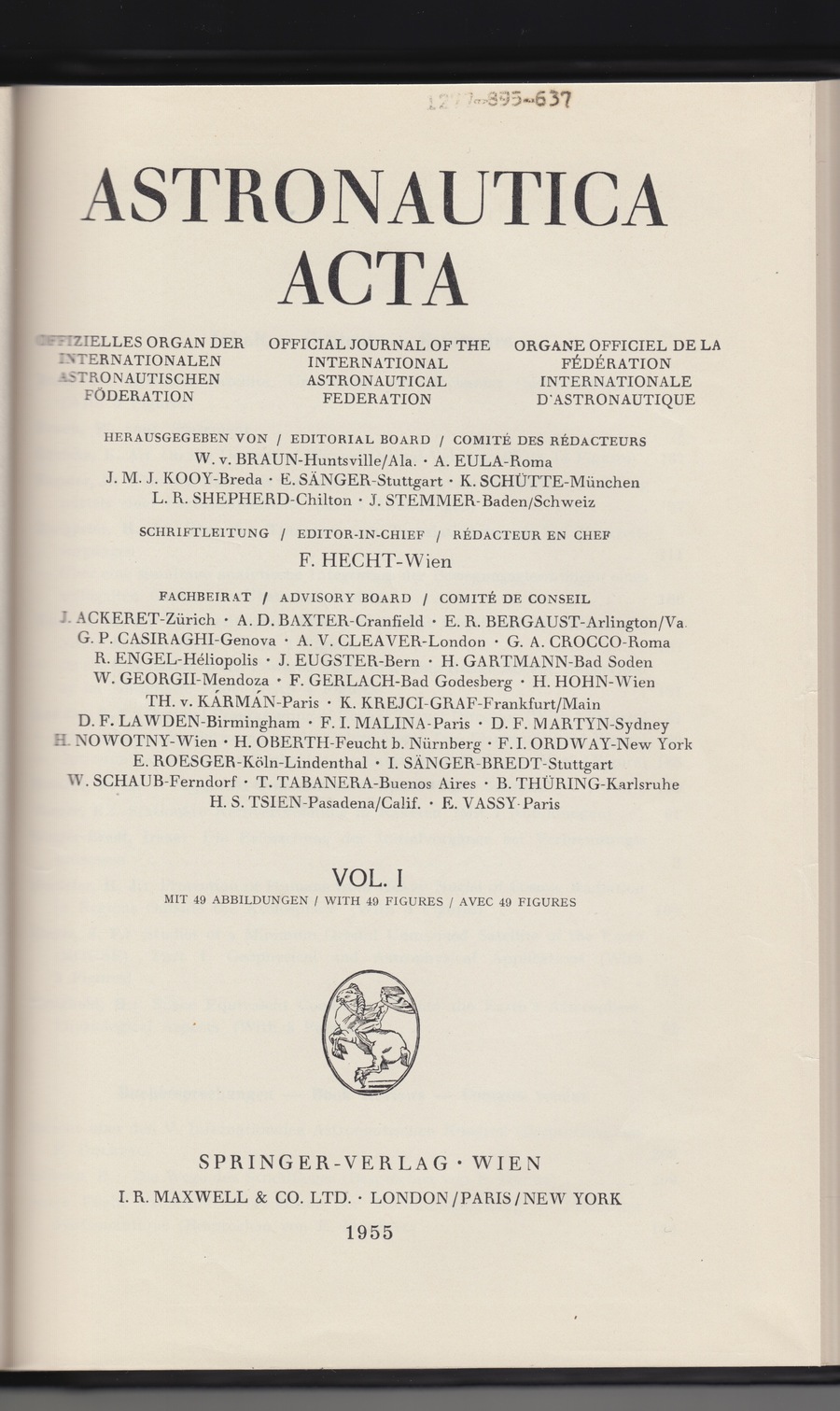 Title page of Astronautica Acta, Vol. I.