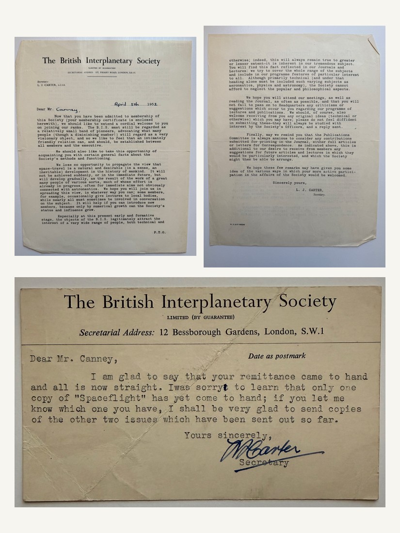 British Interplanetary Society admission letter and dues acknowledgement card, addressed to Hayward E. Canney, Jr.