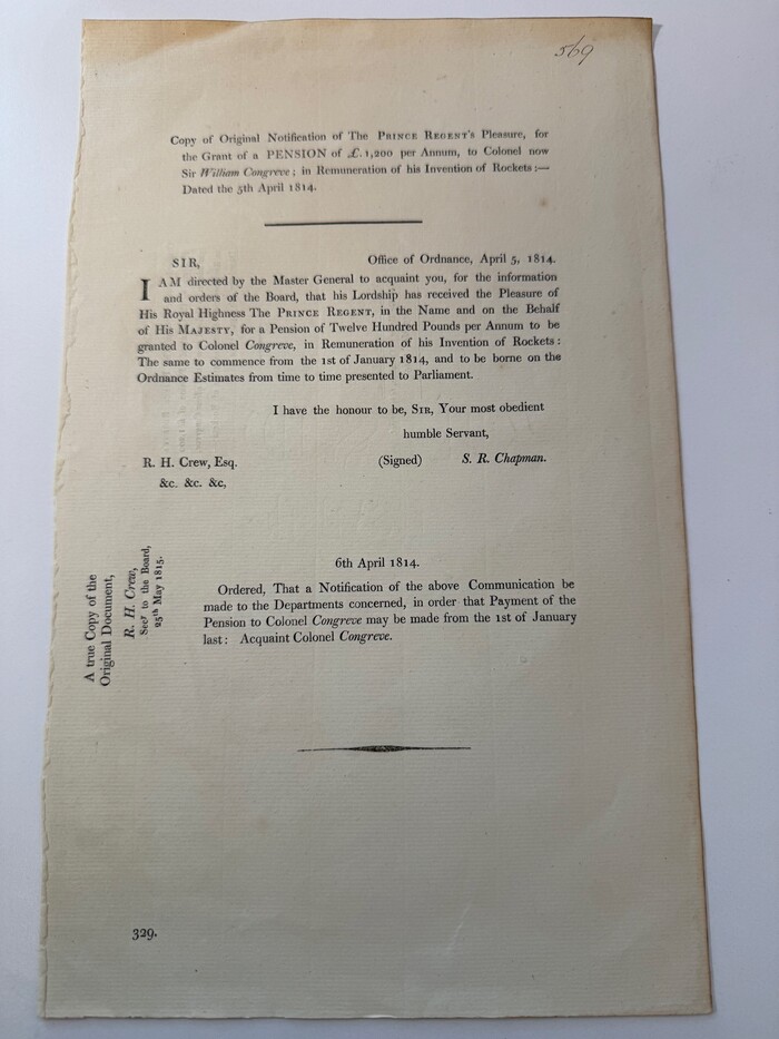Notification of a Grant to Colonel William Congreve, 1815
