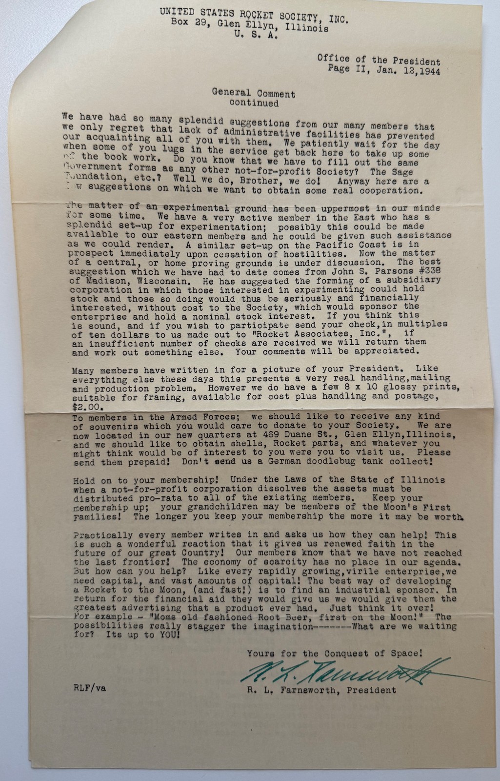 Signed letter from Robert L. Farnsworth, United States Rocket Society, January 1945