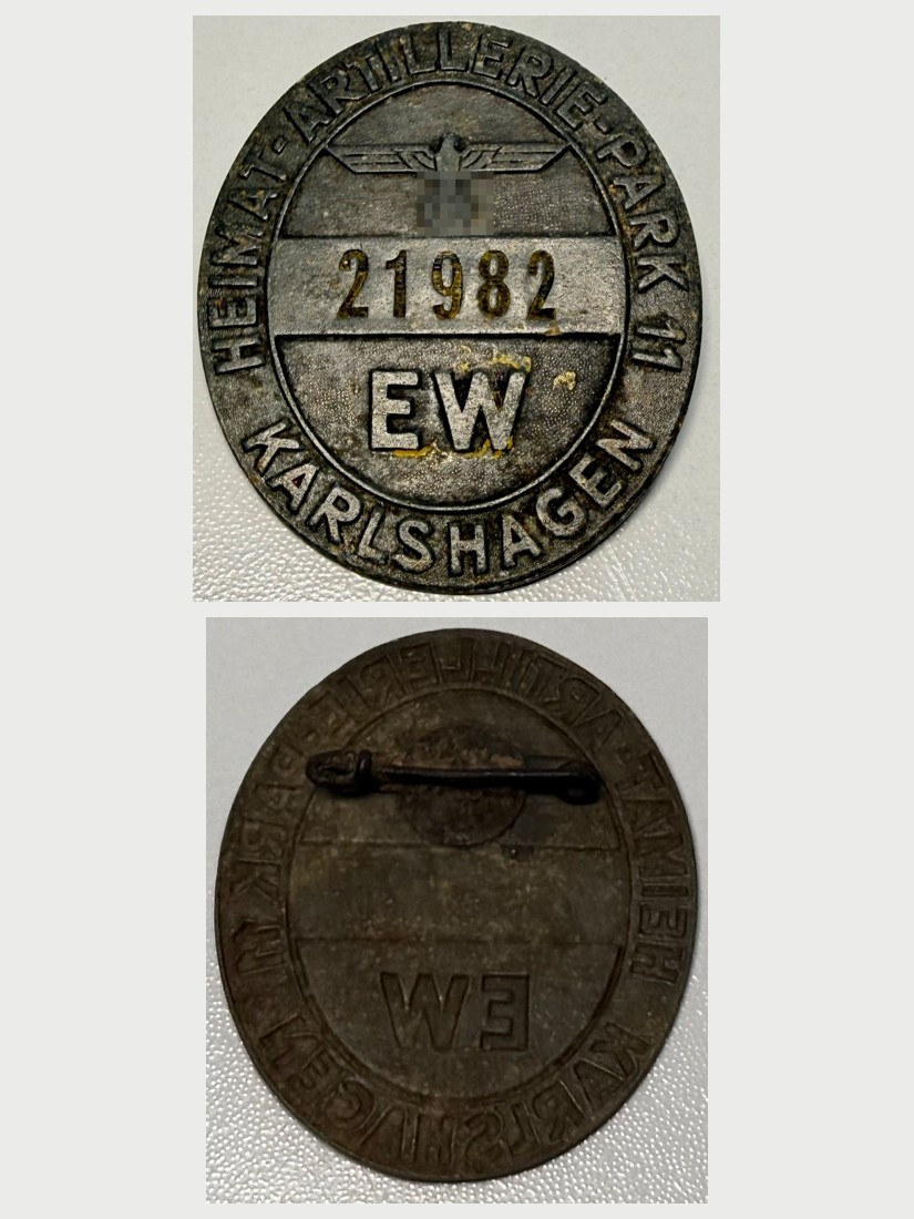 Access badge, Heimat-Artillerie-Park 11 Karlshagen, EW, No. 21982: obverse and reverse
