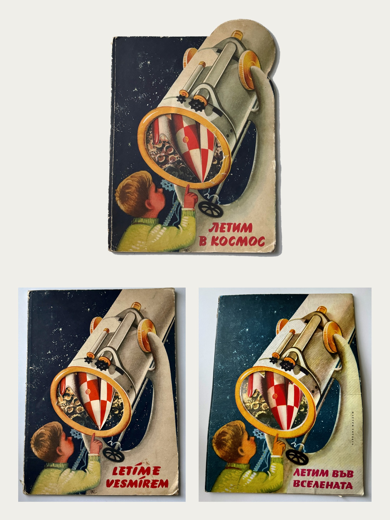 Covers of Letíme vesmírem: die-cut Russian edition above the Czech and Bulgarian editions