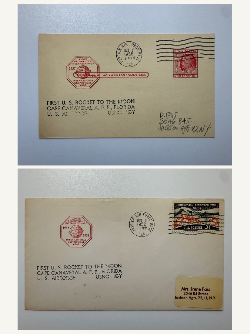 First U.S. Rocket to the Moon cachet covers, Pioneer 1 launch, Patrick Air Force Base, October 11, 1958
