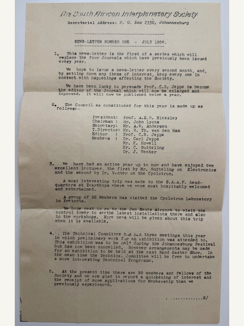 South African Interplanetary Society, News-Letter Number One, July 1956