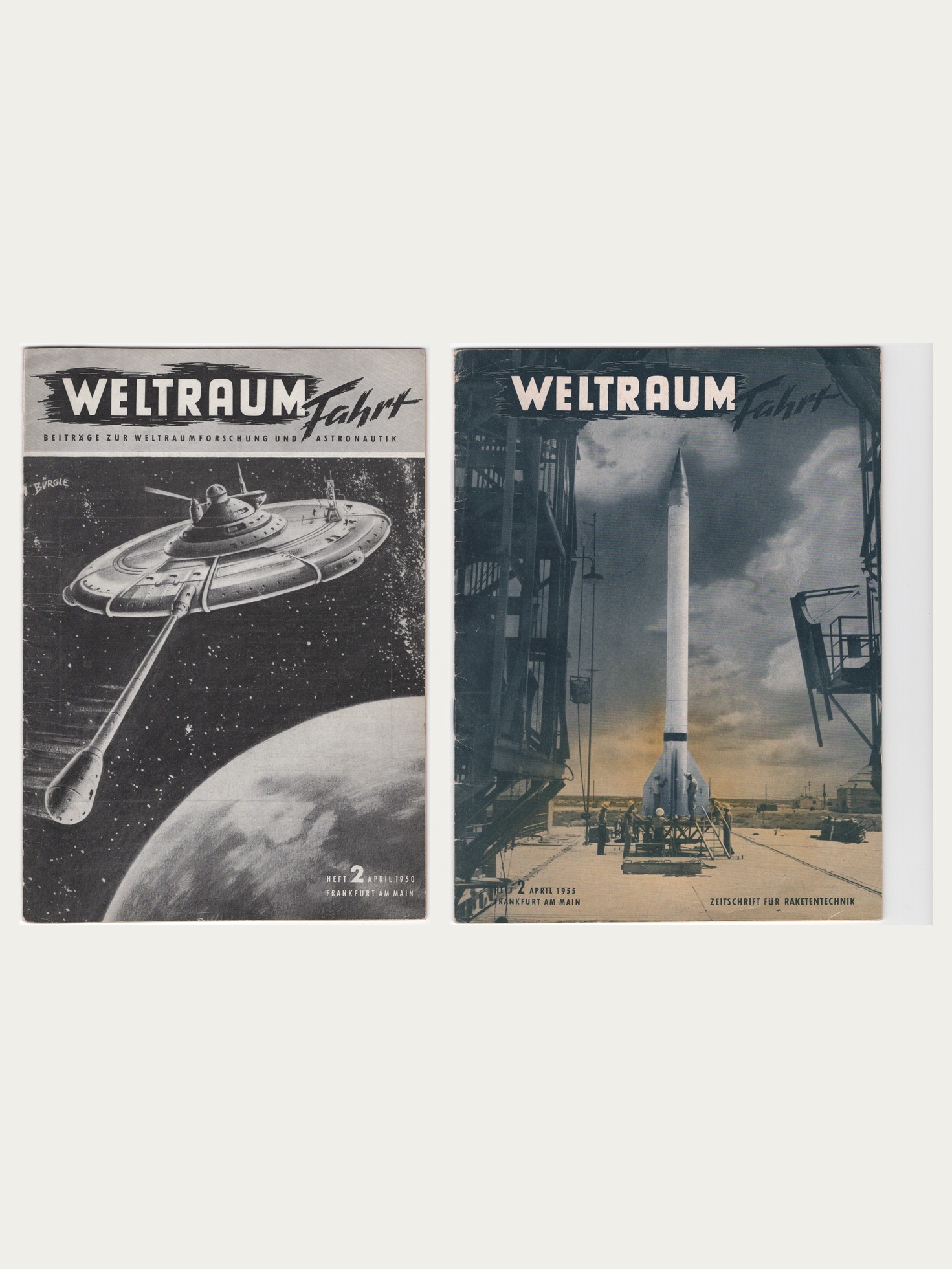 Covers of Weltraumfahrt, April 1950 and April 1955