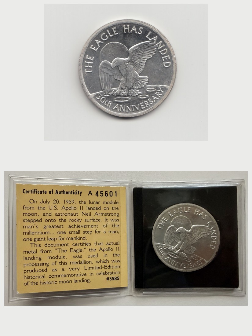 Apollo 11 30th Anniversary Medallion with Flown Metal, and its Certificate of Authenticity