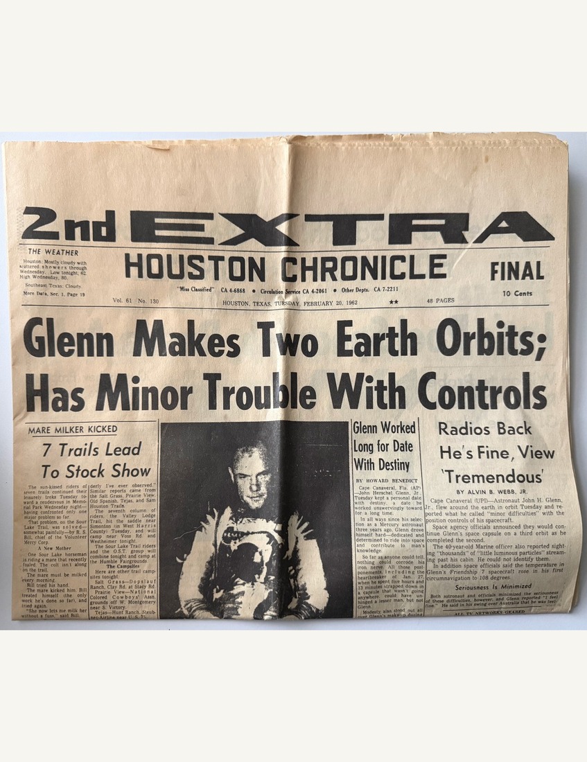 Houston Chronicle, "Glenn Makes Two Earth Orbits," February 20 1962