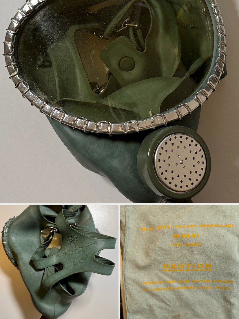 M26A1 emergency escape gas mask for NASA, with canvas carrier bag stenciled 'FOR NASA'