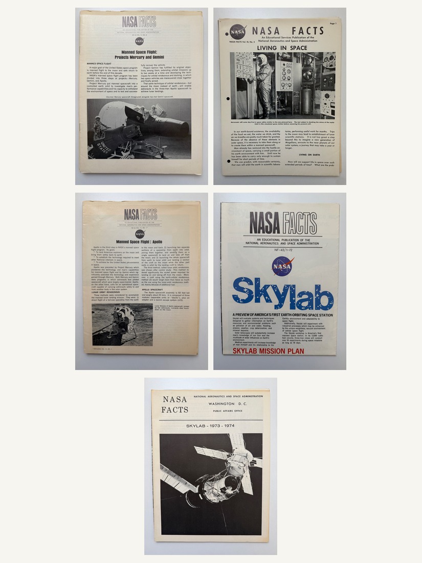 Lot of 5 NASA Facts sheets on manned spaceflight programs: Mercury and Gemini, Living in Space, Apollo, and two Skylab issues
