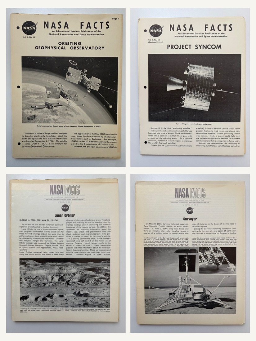 Lot of 4 NASA Facts sheets on uncrewed and communications programs: Orbiting Geophysical Observatory, Project Syncom, Lunar Orbiter, and Surveyor