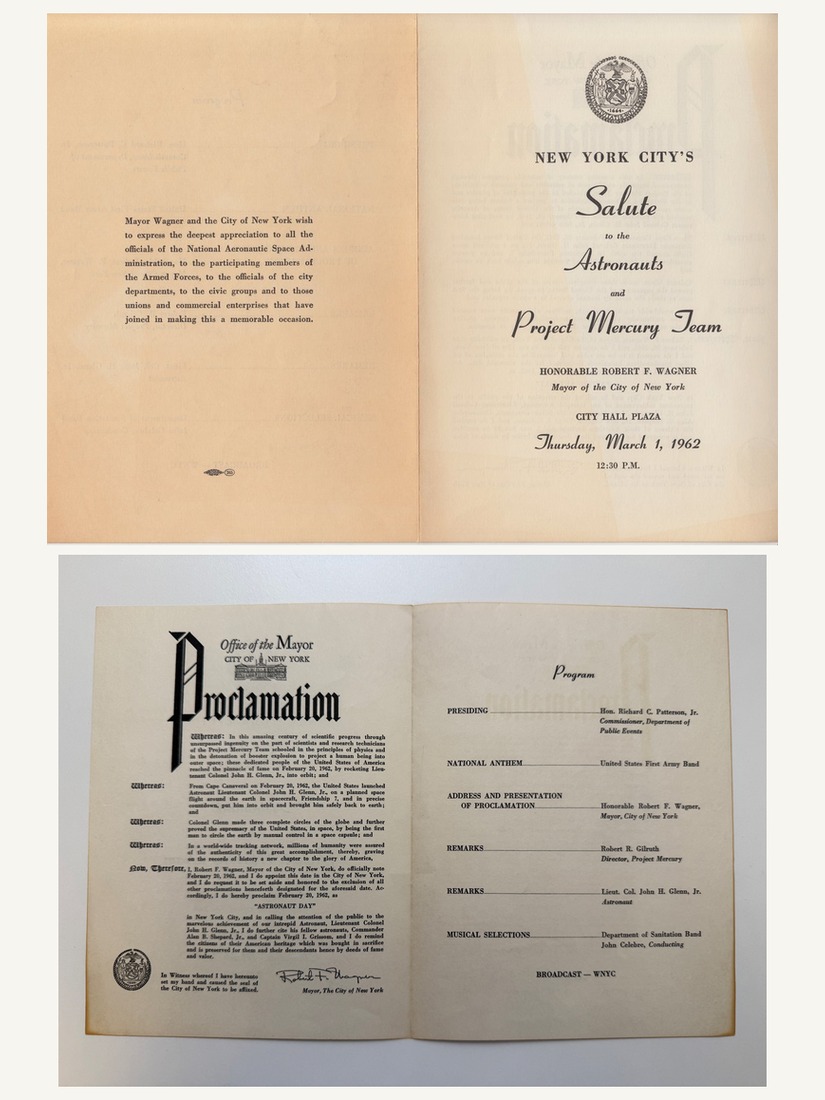NYC Salutes the Mercury Astronauts, March 1 1962: cover, proclamation, and event program