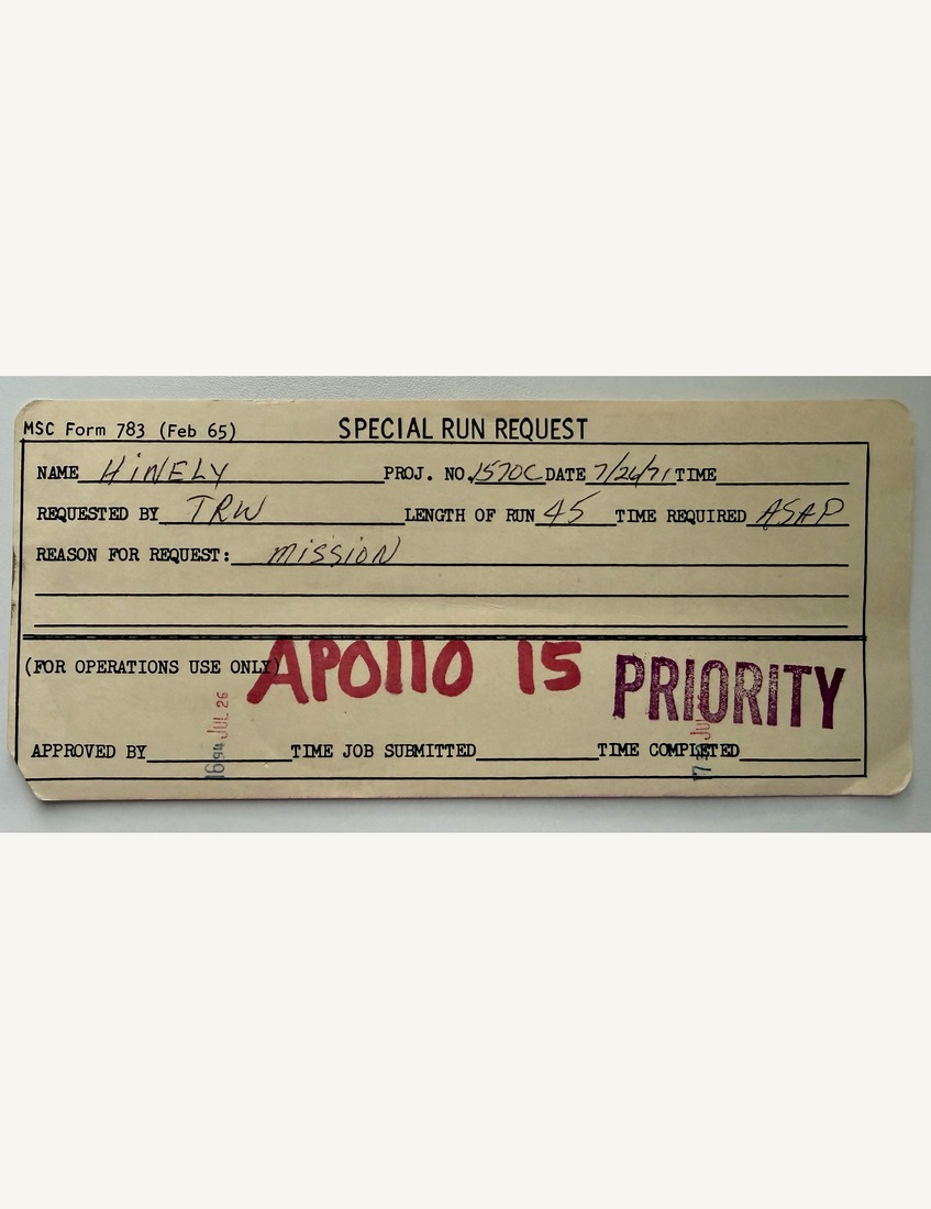 TRW Special Run Request card, MSC Form 783, Apollo 15, July 26 1971