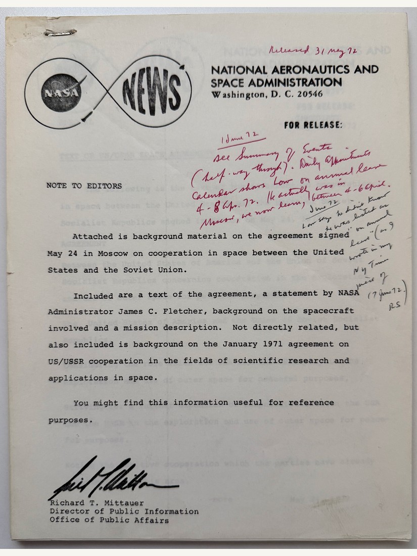 US/USSR Space Cooperation Agreement: NASA Press Kit, 1972