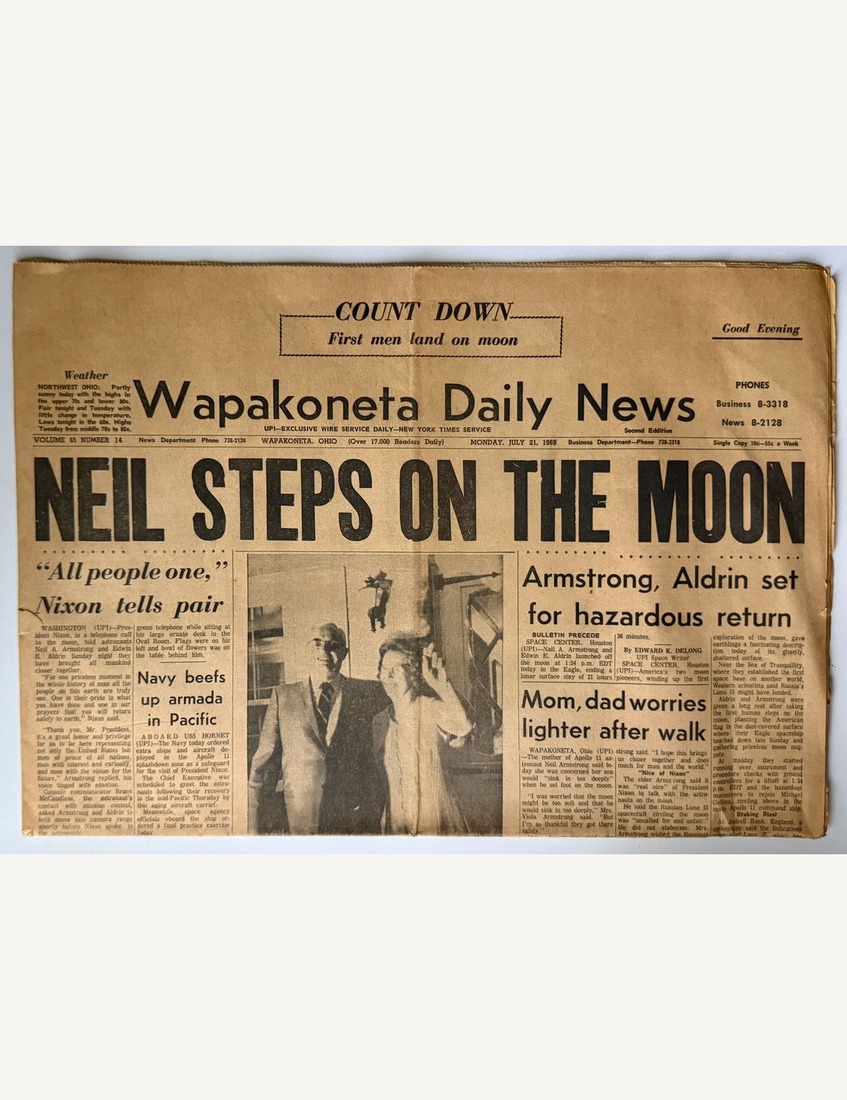 Wapakoneta Daily News, "Neil Steps on the Moon," July 21 1969