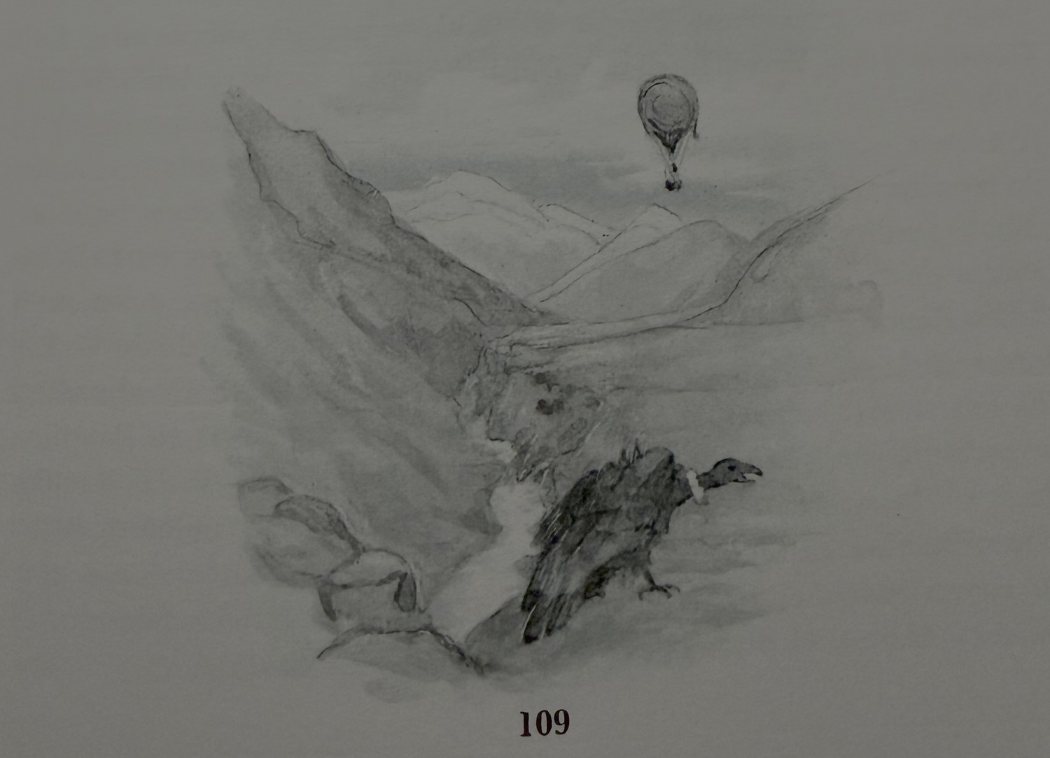Illustration of the balloon arriving over the Andes, from La Victoria de las Alas