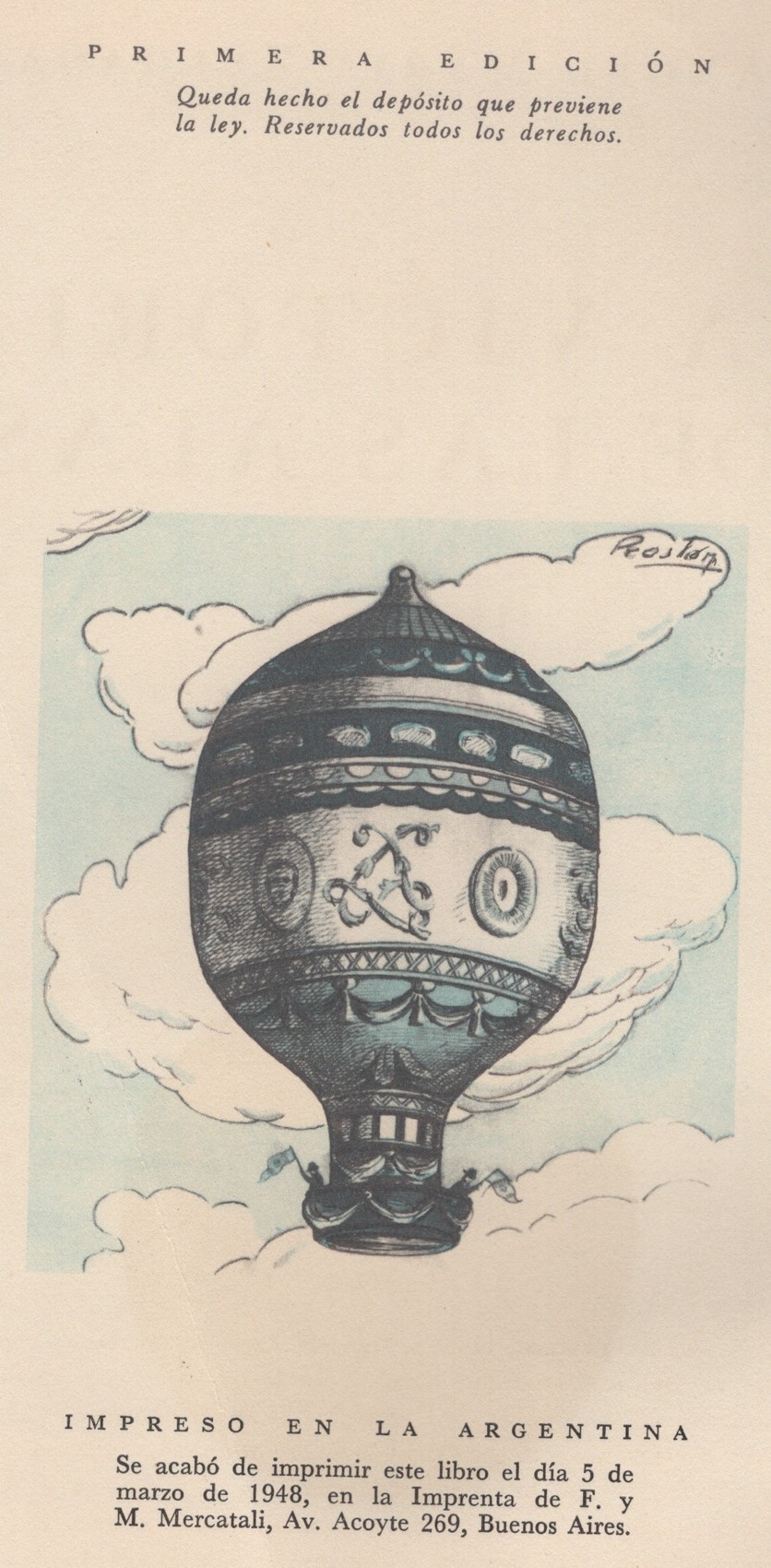 Printed color balloon vignette signed Rostan, on the Victoria de las Alas colophon leaf