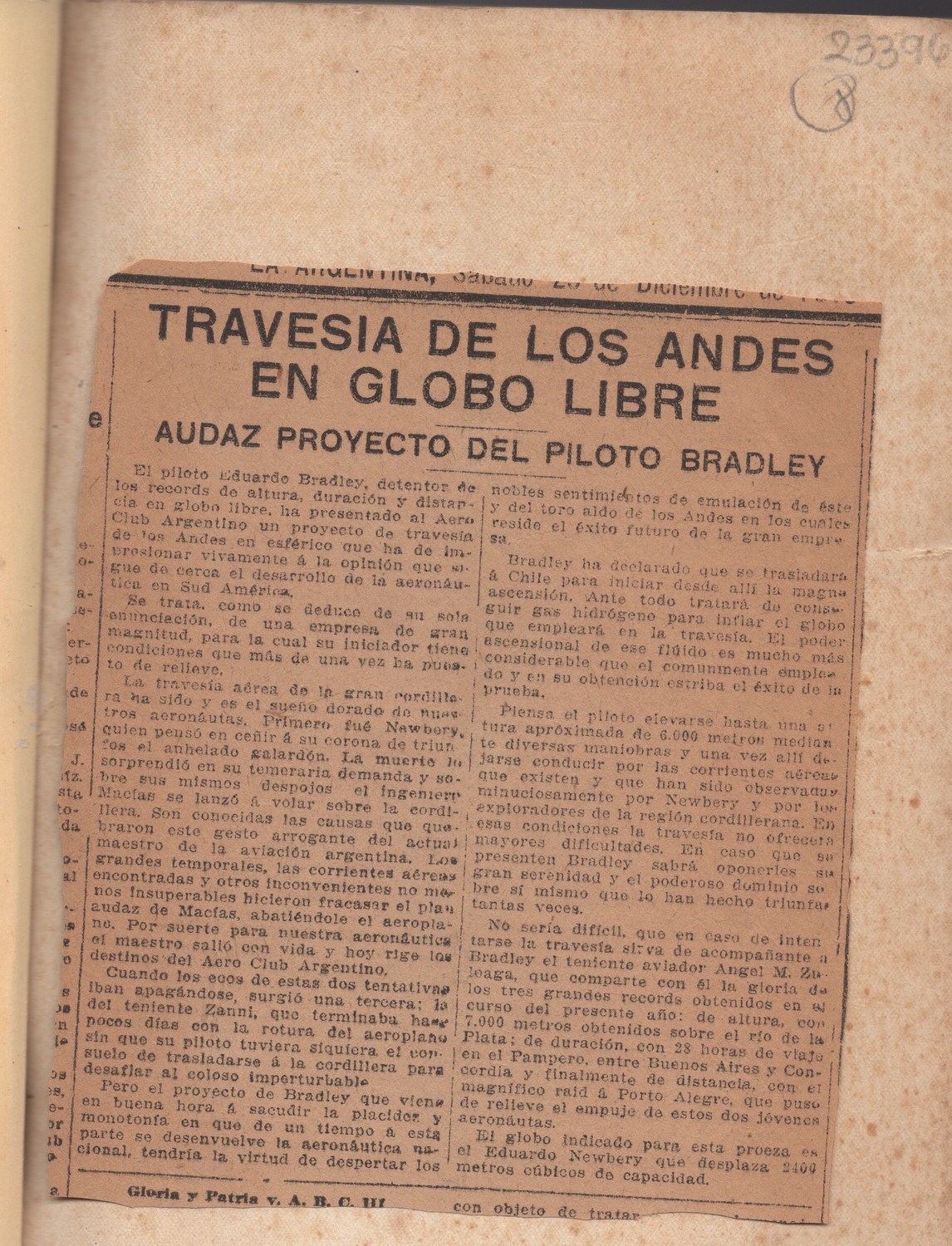 December 1915 newspaper clipping announcing Bradley's Andes project