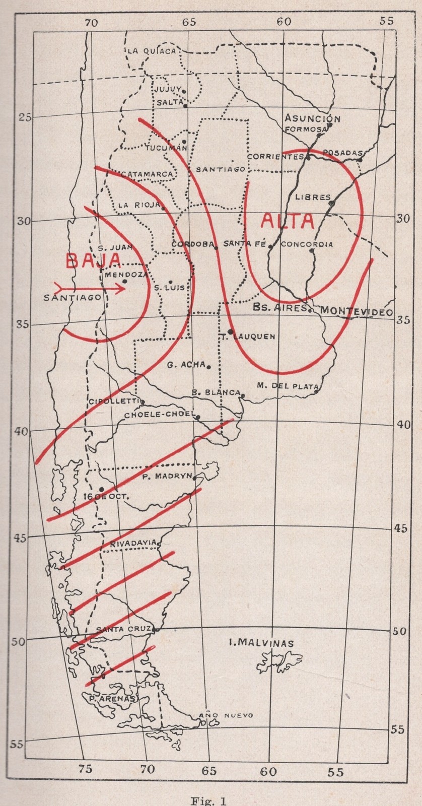 Bradley's barometric pressure map of Argentina