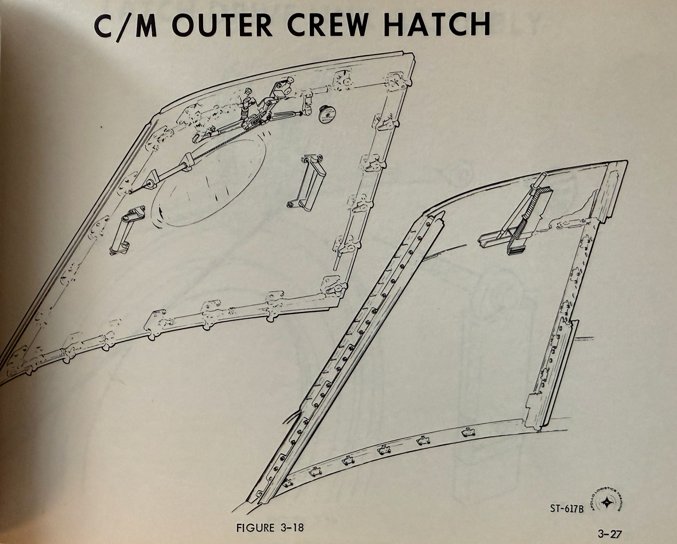 Figure 3-18, C/M Outer Crew Hatch, ST-617B, showing the outer ablative hatch's hinge and latch drive hardware