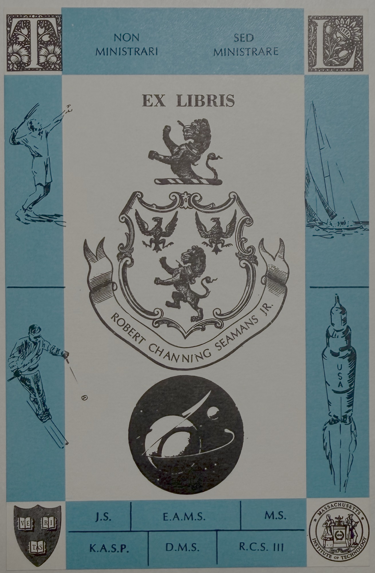 Ex Libris bookplate of Robert Channing Seamans Jr., with Harvard and MIT arms, an orbit emblem, and pictorial vignettes