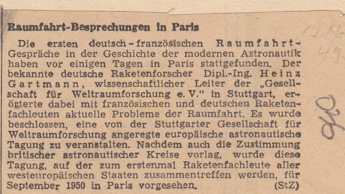 Newspaper clipping on the precursor Franco-German spaceflight talks, late 1949