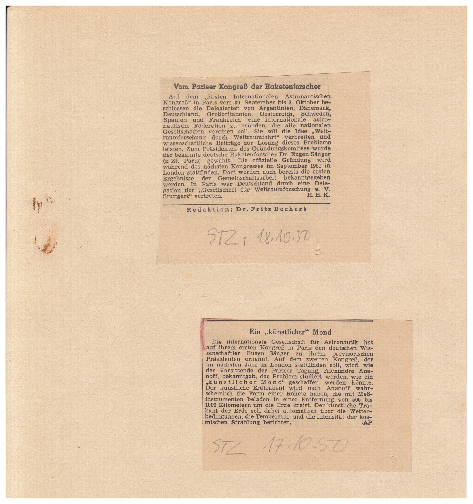 Two Stuttgarter Zeitung clippings, October 1950, on the congress and the artificial moon proposal