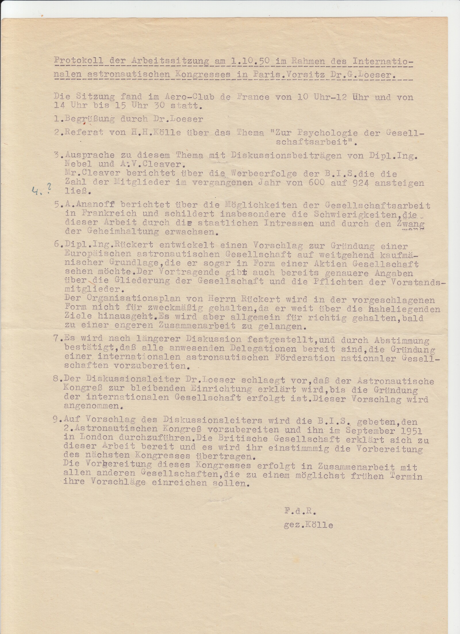 Protocol of the Sunday working session, signed by Kölle