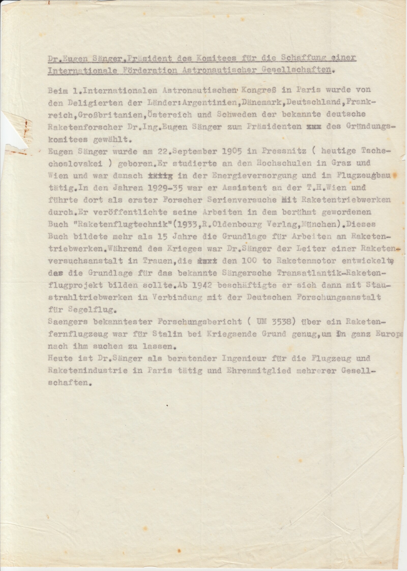 Typed biographical dossier on Dr. Eugen Sänger