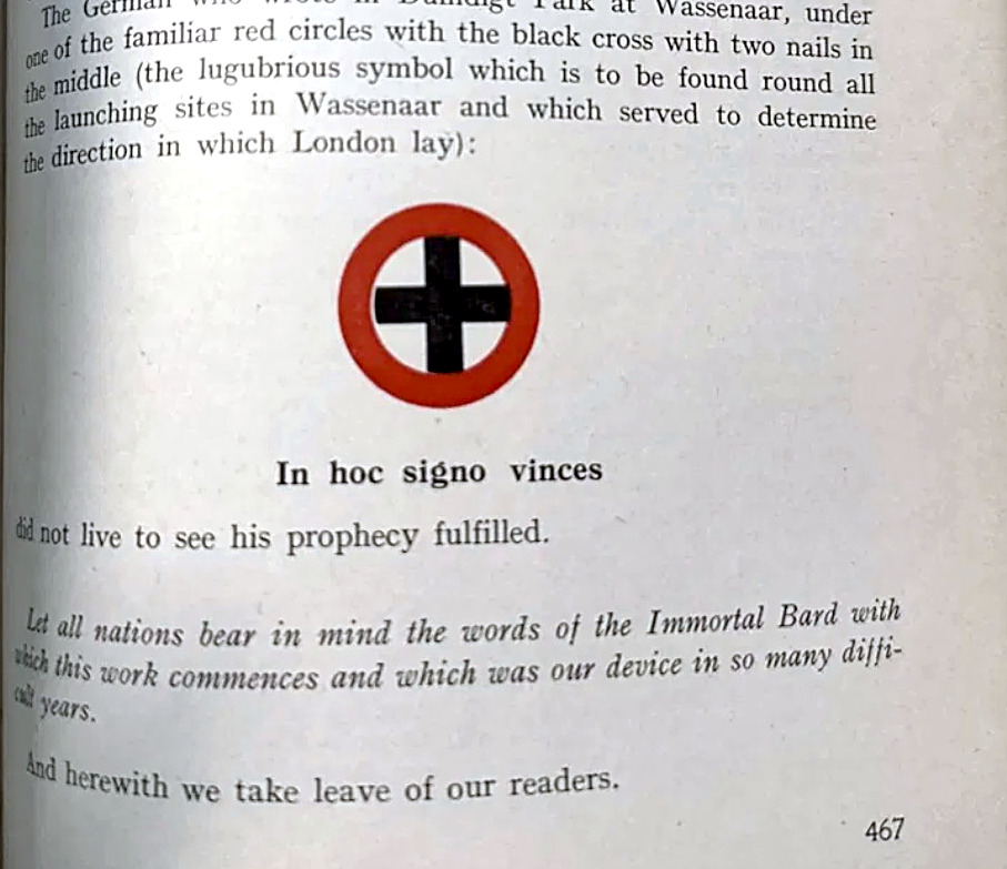 In hoc signo vinces device, red circle and black cross, from the 1946 Conclusion