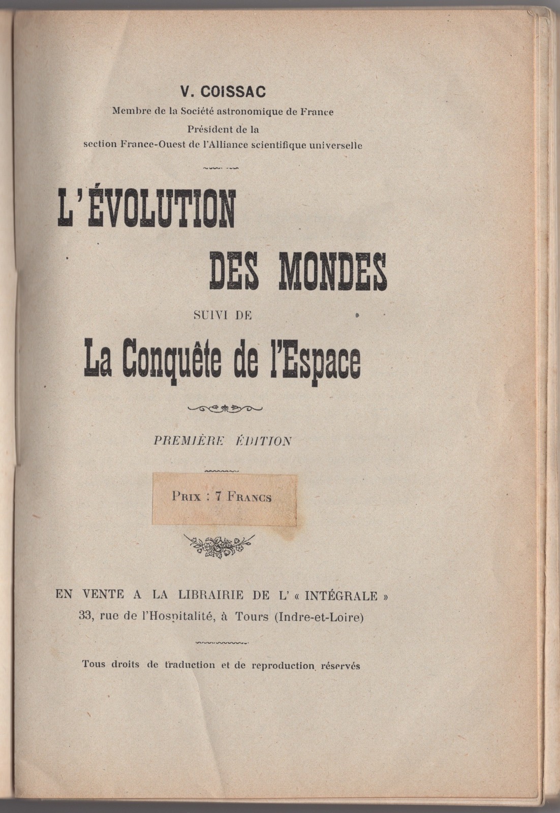 1916 title page: L'Evolution des Mondes suivi de La Conquete de l'Espace, premiere edition