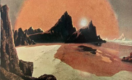 Bonestell painting of an alien coastal landscape