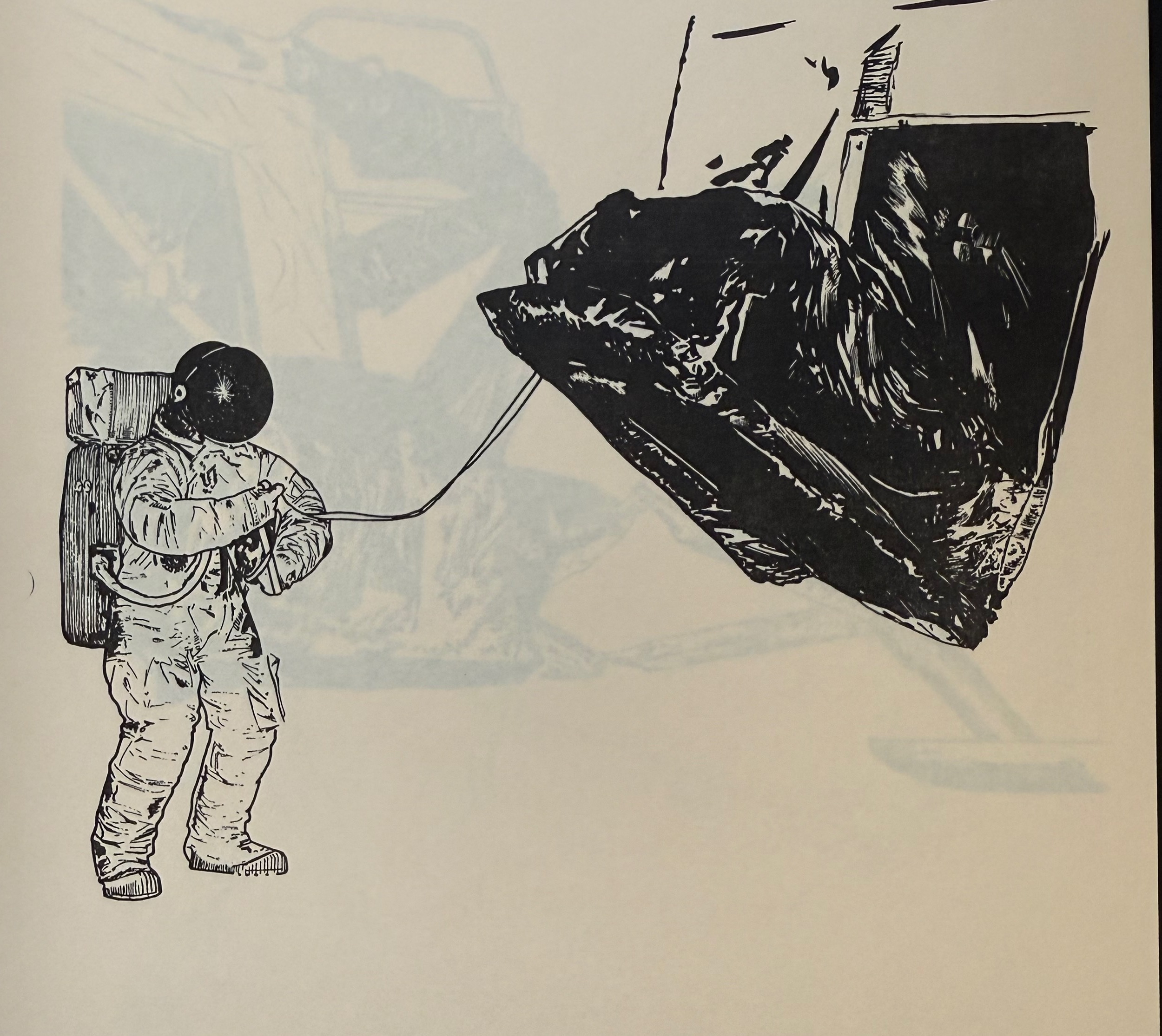 Illustration of an astronaut manually deploying the MESA equipment pallet by a lanyard, from the back-up deployment procedure in Chapter 2