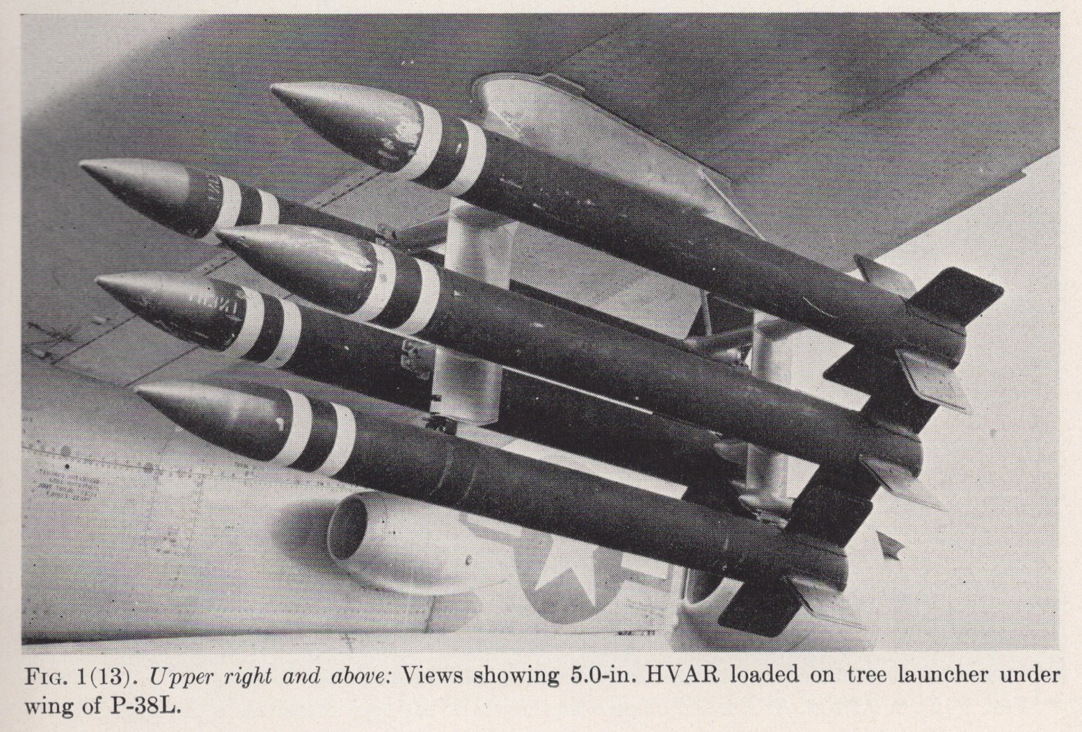 Fig. 1(13), 5.0-in. HVAR loaded on tree launcher under wing of P-38L