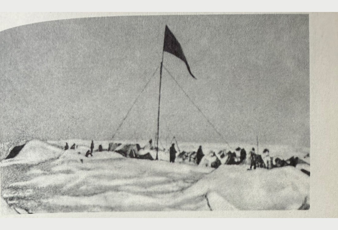 Photograph of the Chelyuskin survivors' ice camp, flag raised, February-April 1934