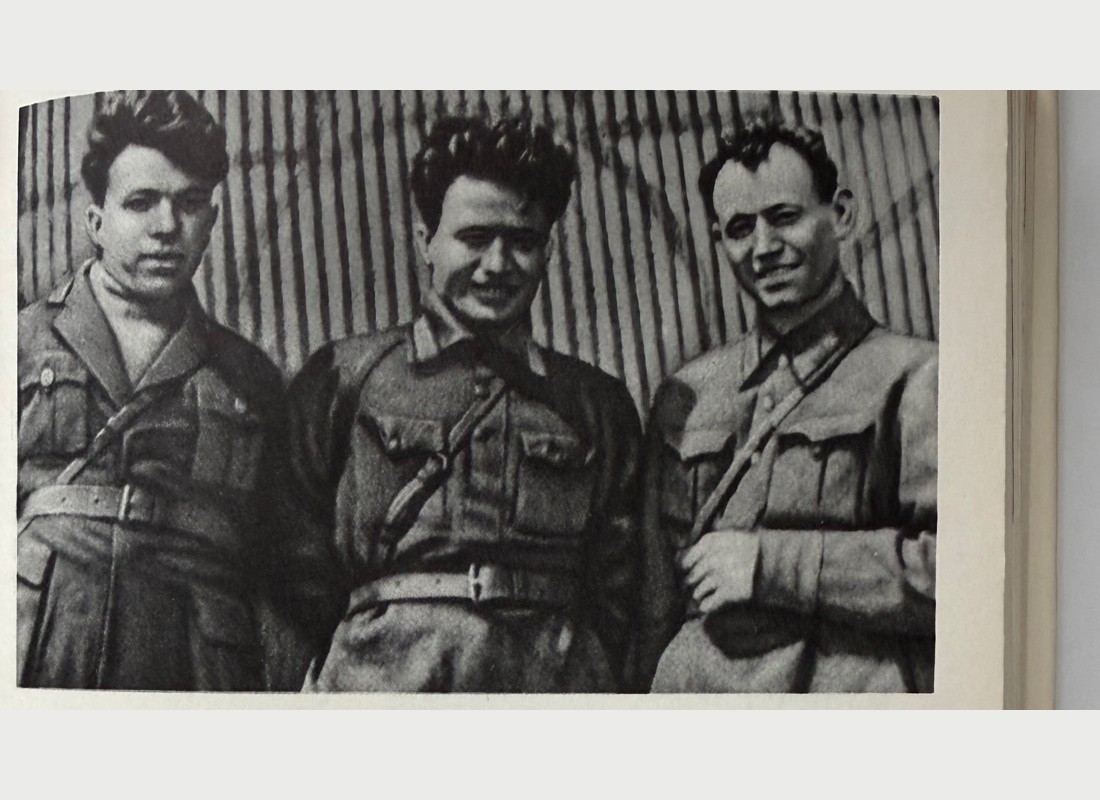 Photograph of Kamanin's three-man flight crew, captioned in his own words as 'My crew'