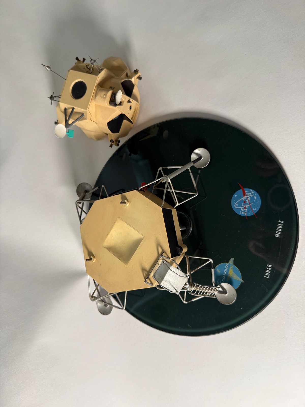 Lunar Module model, overhead view, ascent stage separated