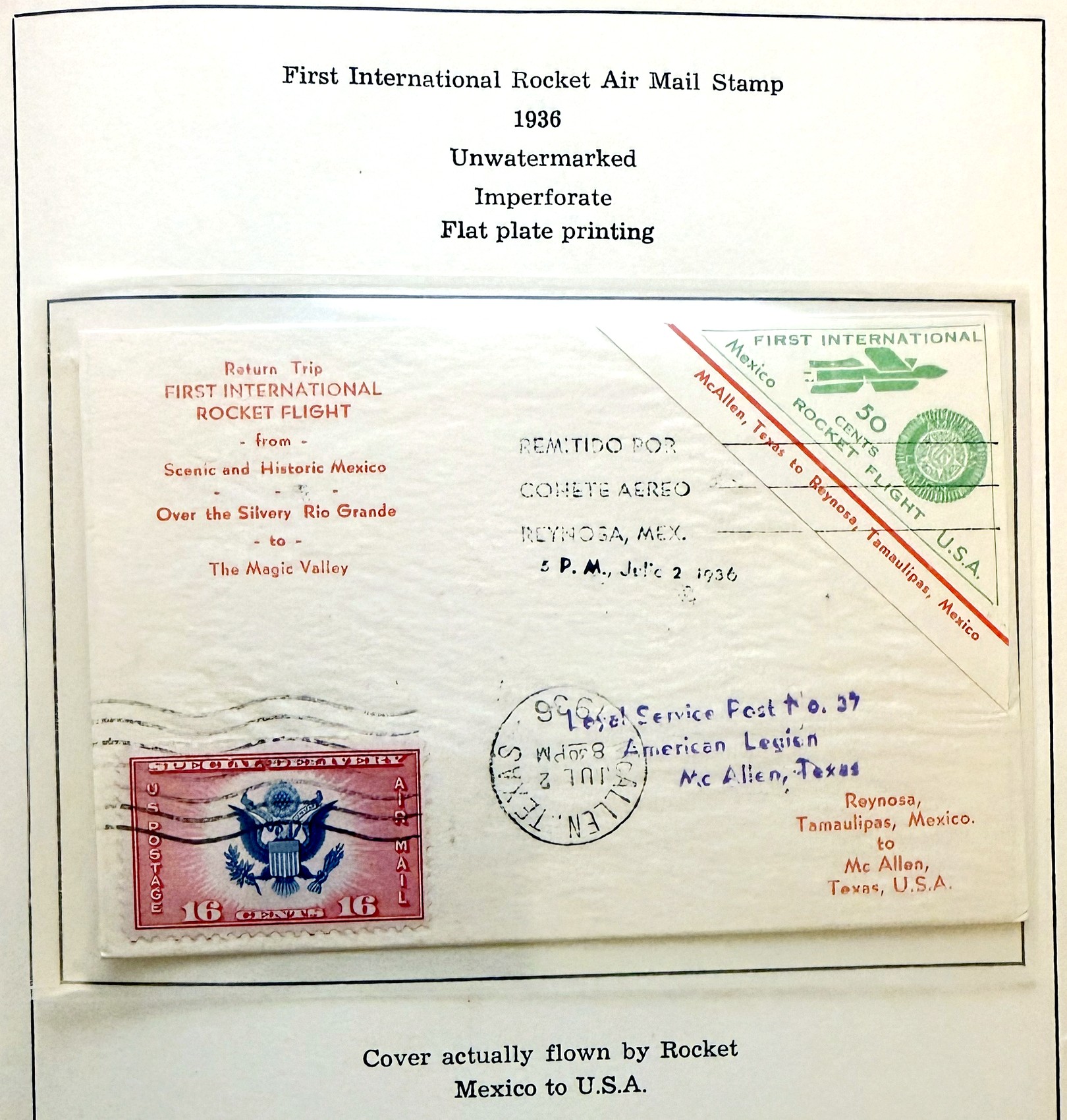 Cover actually flown by rocket, Mexico to USA, franked with US 16-cent airmail stamp