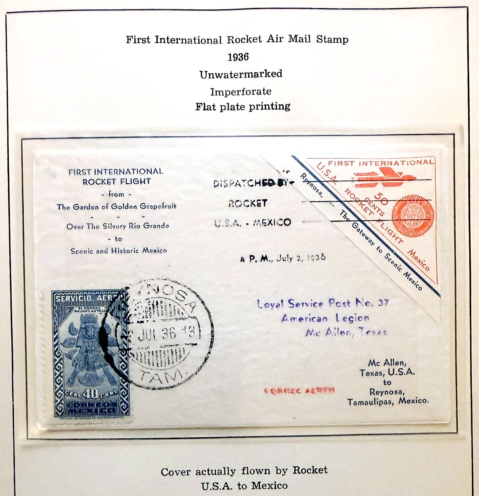 Cover actually flown by rocket, USA to Mexico, franked with Mexican 40-centavo airmail stamp