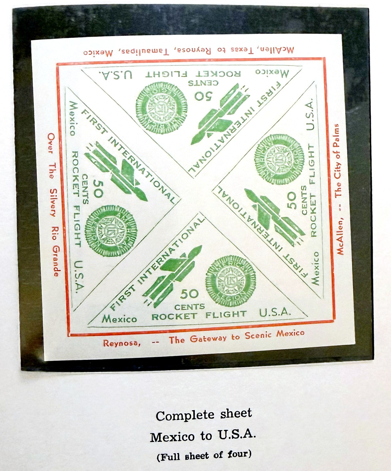 Complete uncut sheet of four vignettes, Mexico to USA
