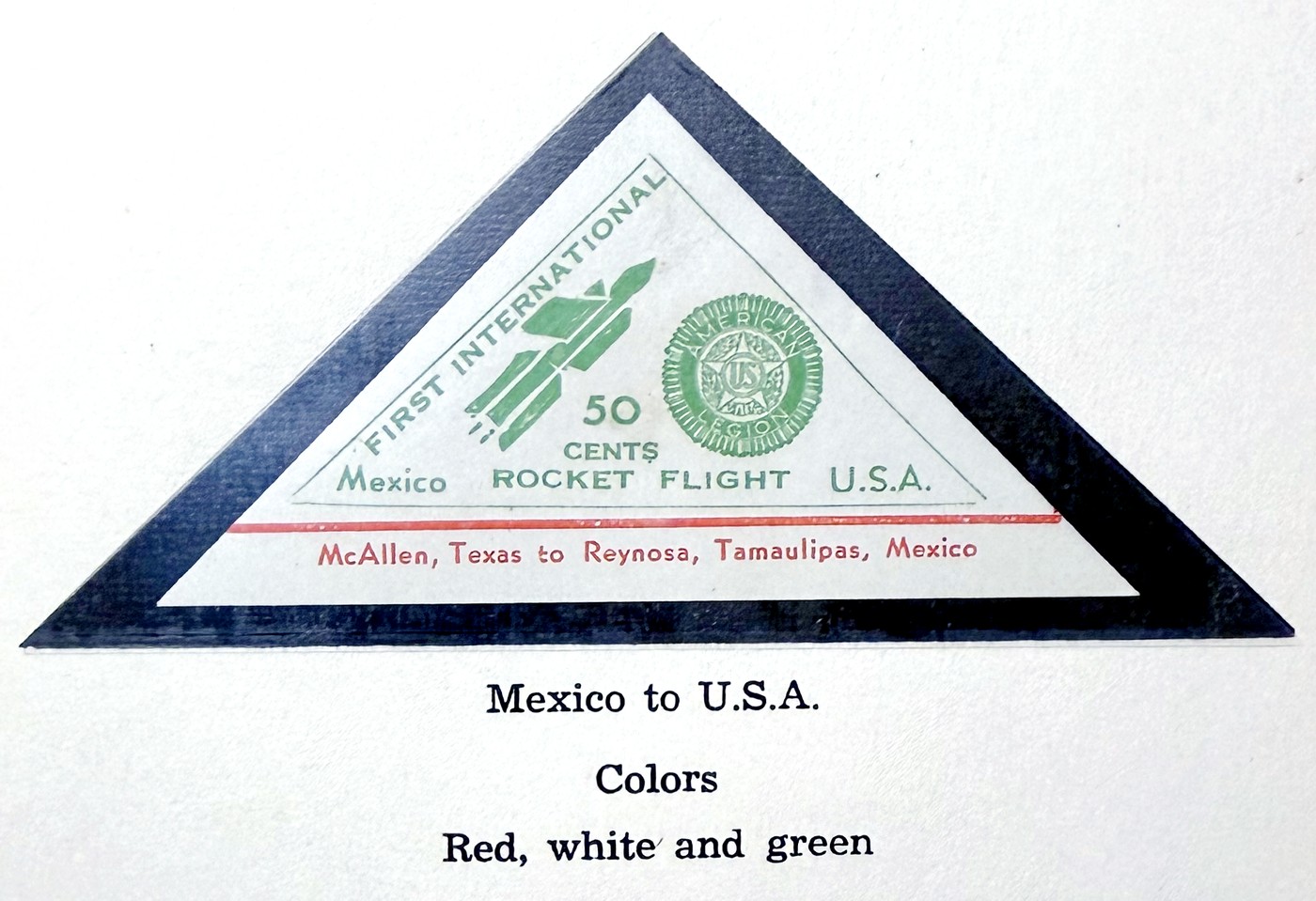 First International Rocket Flight vignette, Mexico to USA, red white and green