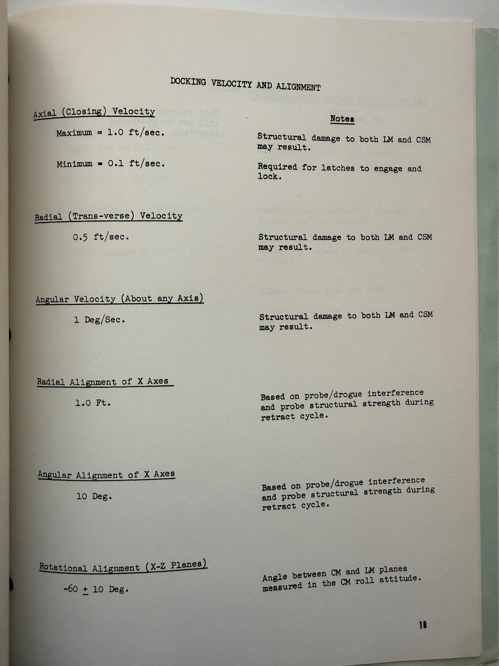 Table titled Docking Velocity and Alignment, listing axial, radial, and angular velocity limits and alignment tolerances, page 18 of the manual