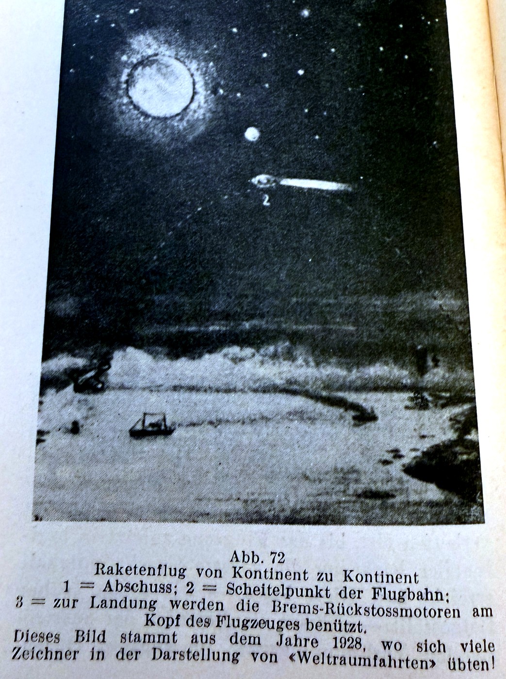 A period illustration of a winged rocket craft flying past the moon toward a coastline, captioned as 1928-era space art