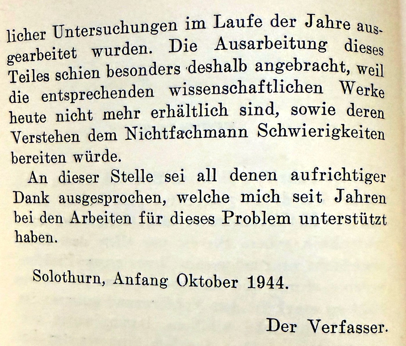 Closing page of Band I's Vorwort, signed Solothurn, Anfang Oktober 1944