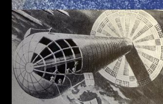 Illustration of a wheel-shaped rotating space station