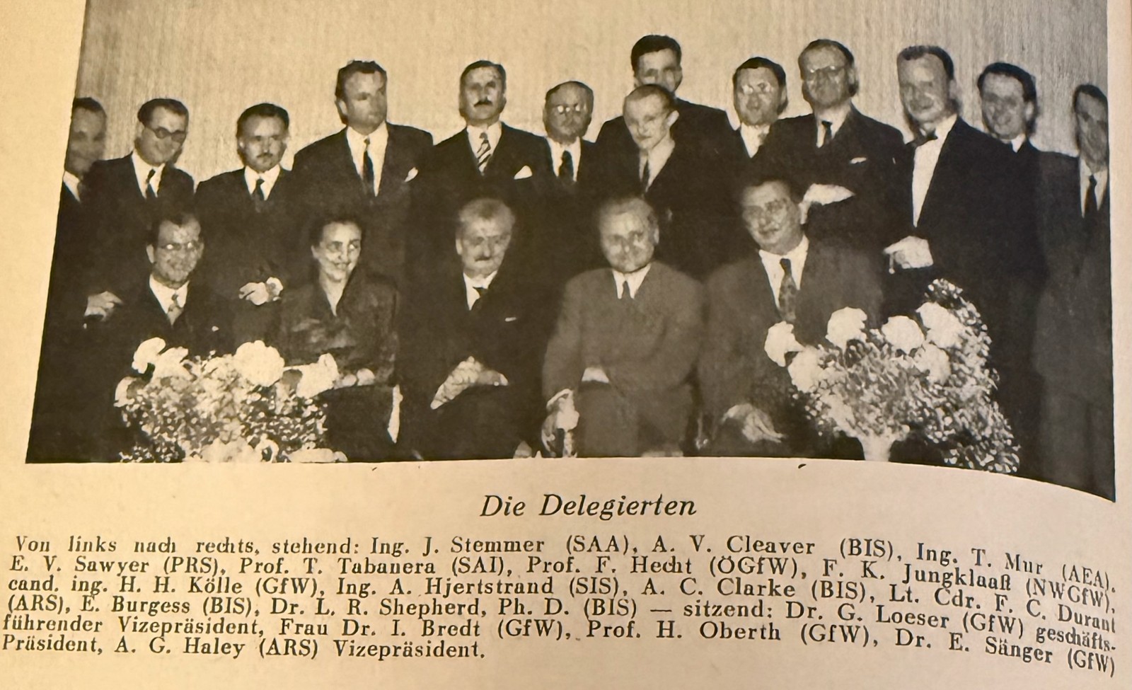 The delegates to the founding of the International Astronautical Federation, London, September 1951, with the magazine's own caption naming each one