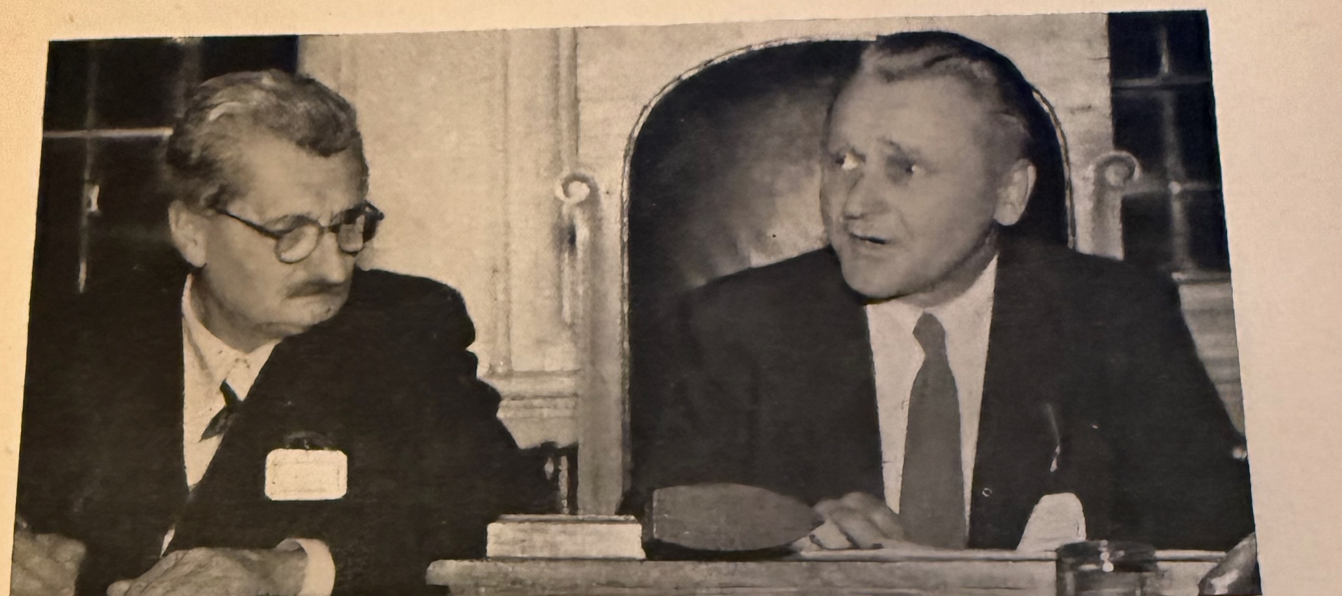 Eugen Sänger, newly elected president of the International Astronautical Federation, with Hermann Oberth, September 1951