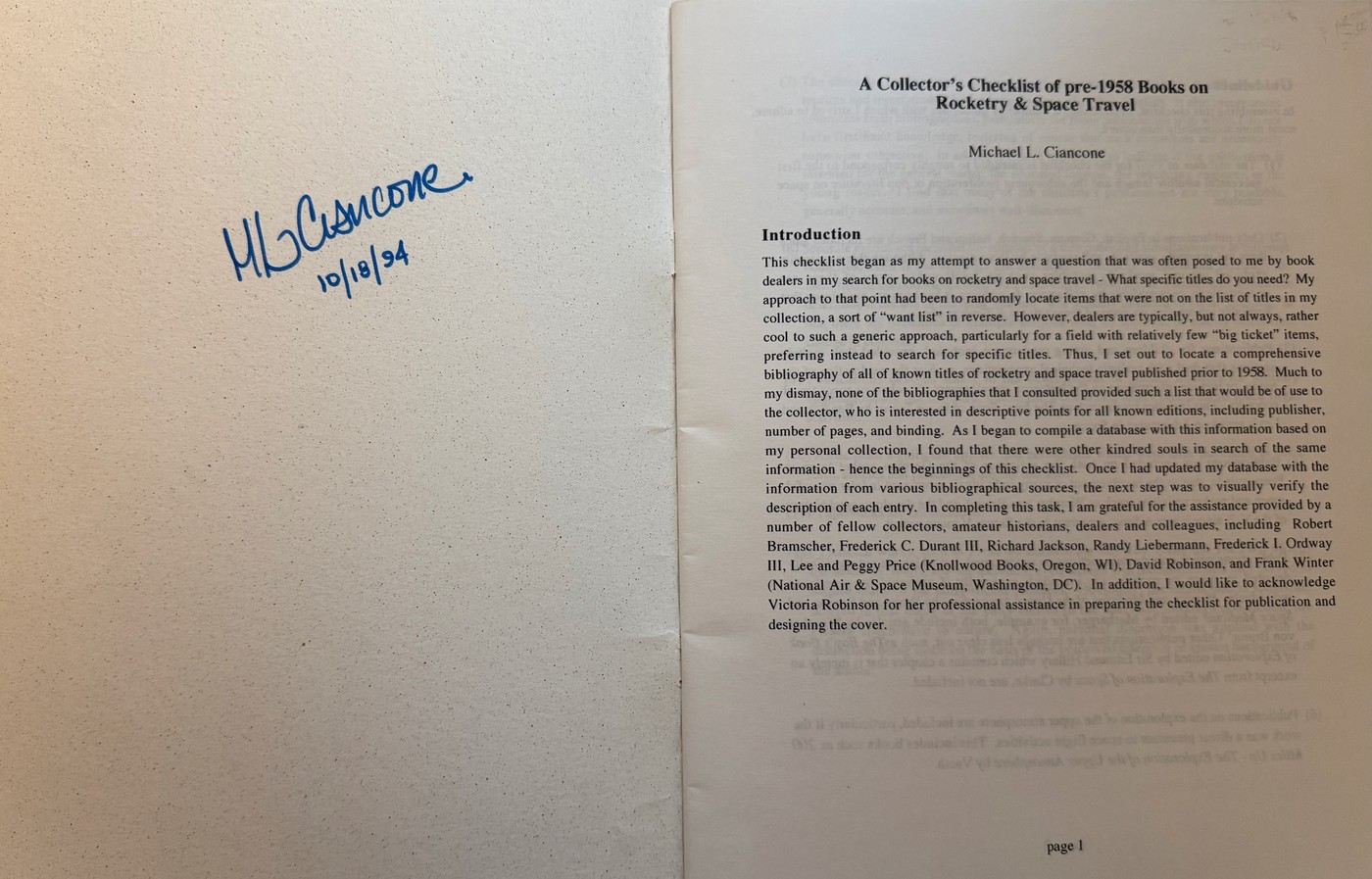 Author's signature facing the title page and introduction of A Collector's Checklist