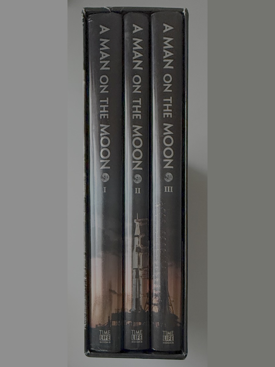Spines of the three-volume Time-Life Books edition of A Man on the Moon, in slipcase